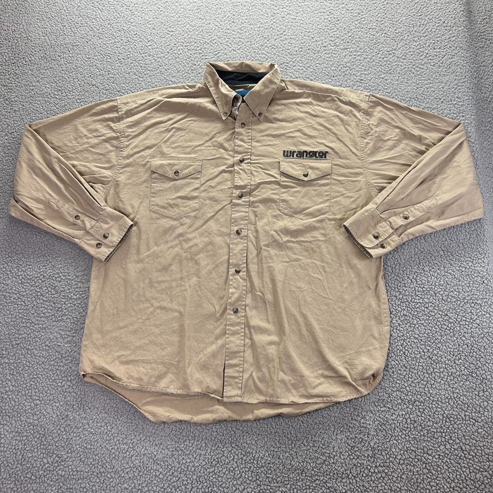Wrangler Shirt Mens Beige Logo Graphic Western Rodeo Dual Chest Pocket Button Up